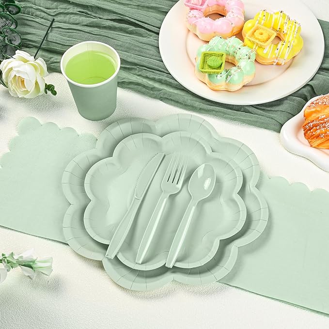 350 Pcs Sage Green Paper Plates and Napkins Set, 9" Easter Plates, 7" Scalloped Dessert Plate, 9oz Cup & Plastic Cutlery, Sage Green Party Supplies for Baby Shower Wedding Birthday, Serve for 50 Guest