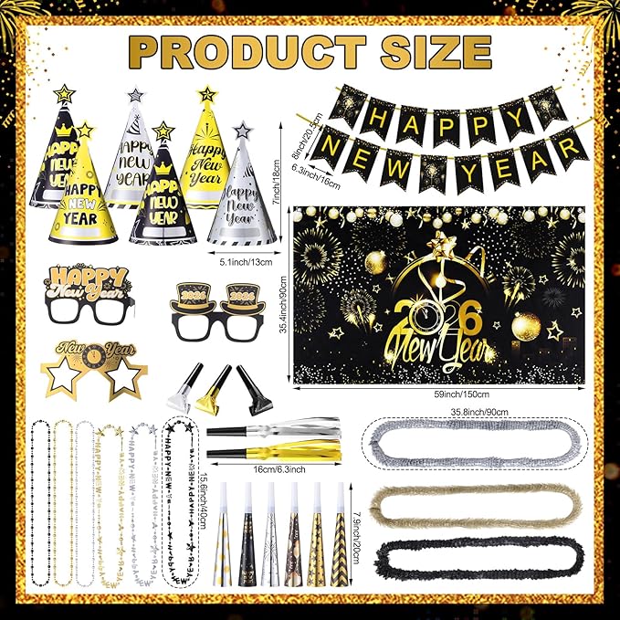 Gueevin 422 Pcs New Year's Eve Party Supplies Kit 2026 for 120 Guests, Including Happy New Year Banner & Backdrop, 60 Blowouts, 60 Squawkers, 60 Horns, 60 Hats, 60 Glasses, 60 Necklaces, 60 Leis