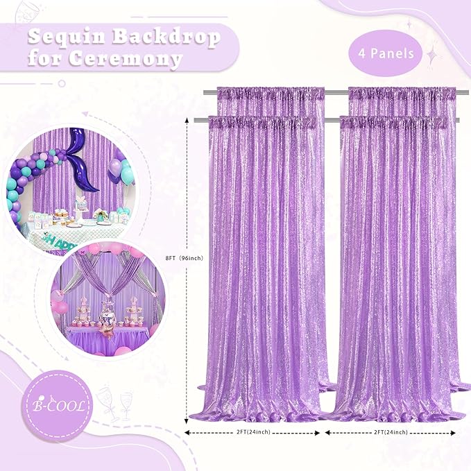 B-COOL Lavender Sequin Backdrop Curtain Lilac Glitter Backdrop 4 Panels 2ftx8ft Light Purple Sparkly Curtains for Wedding Birthday Prom Background Decorations