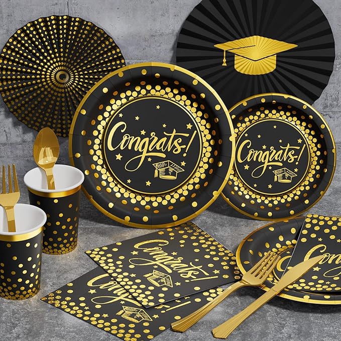 Ecomore 2026 Graduation Decorations - 245 PCS Grad Disposable Dinnerware(Serve 25) & Graduation Party Supplies With Congrats Paper Plate Cup Napkin Cutlery Tablecloth Backdrop Balloon Kit - Black Gold