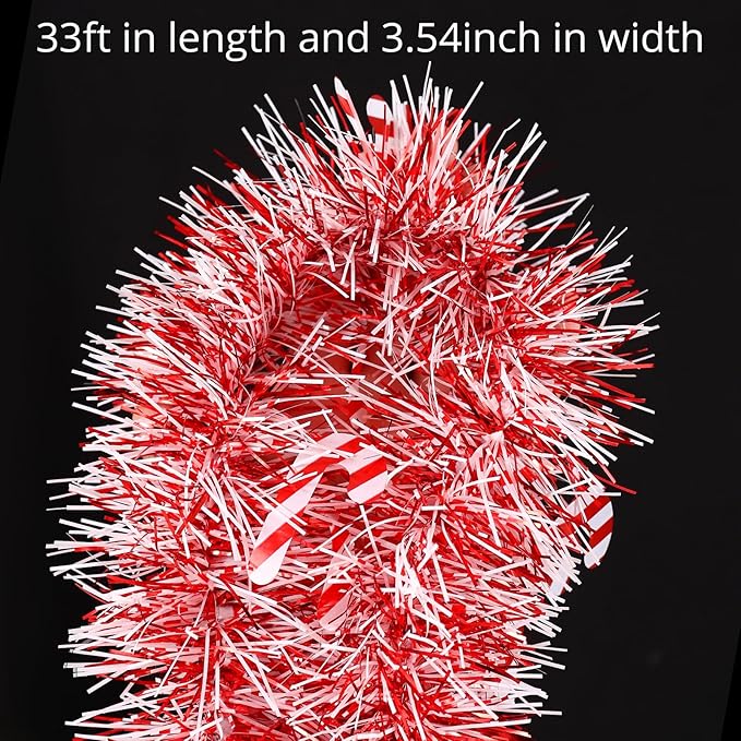 33ft Christmas Tinsel Candy Cane Hanging Garland for Tree & Fireplace Decoration