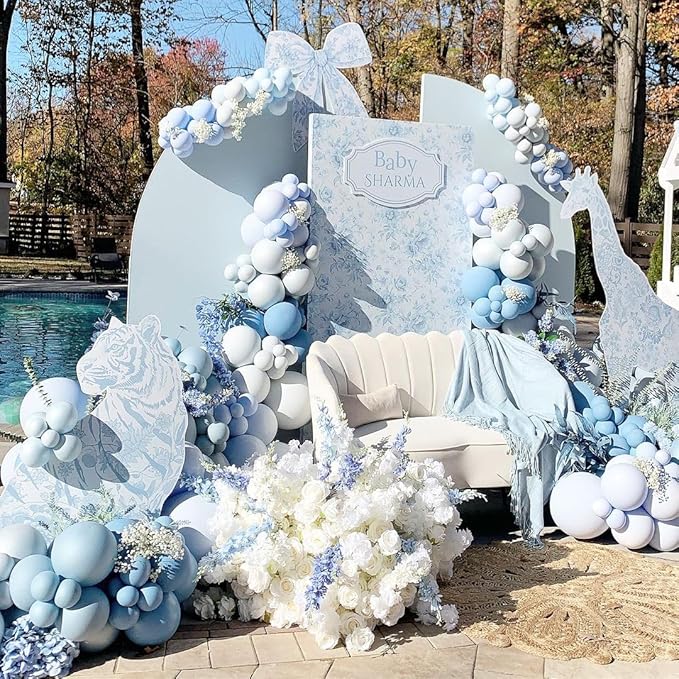 Dusty Blue Balloons Arch Kit, 134 Pcs Muted Light Baby Slate Blue and White Balloon Garland mit 18 Inch Pale Clear Balloon *5, Long Balloon as Bow Decor for Baby Shower Boy Gender Reveal Wedding