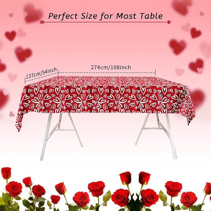 3 Pcs Valentines Tablecloth-Heart Love Valentine's Table Cover, Disposable Plastic Rectangle Heart Table Cloth for Valentine's Day, Wedding, Engagement Anniversary, Birthday Party, 54x108 inch