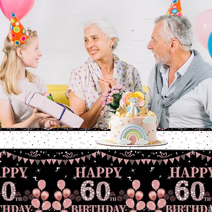 3PCS 60th Birthday Tablecloth Decorations for Women Happy Sixty Birthday Theme Black and Rose Gold Table Cloths,60 Year Old Birthday Plastic Disposable Rectangular Table Cloth Decor