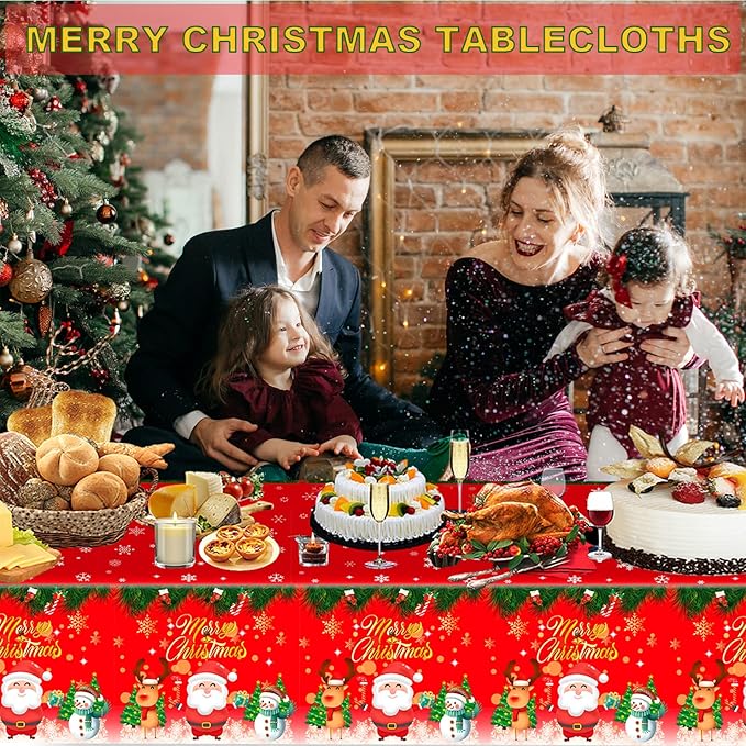 3 Pcs Plastic Christmas Tablecloths, 54*108 Inch Disposable Tablecloths with Santa Claus & Reindeer Pattern for Rectangle Tables, Merry Christmas Party Decoration (3 Pack)