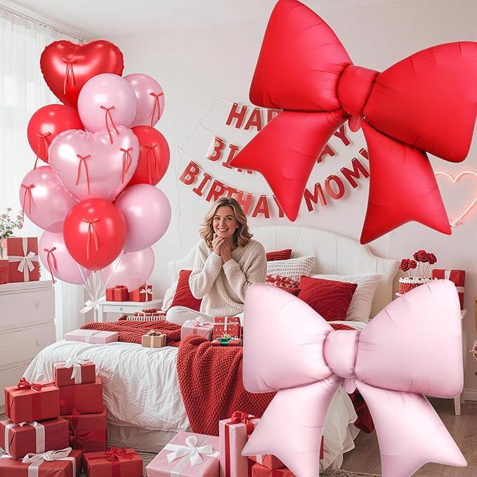 Paready Red Heart Balloons, 38 Inch Pink Bow Balloons, Pearl Pink Red Valentine Balloon Latex and Bow Heart Shaped Foil Balloon for Girls Birthday Bridal Baby Shower Valentines Decorations