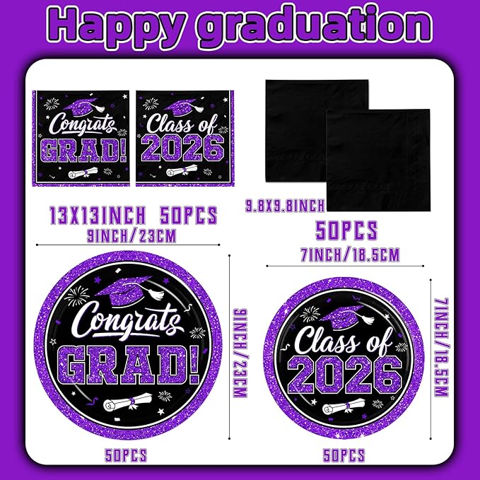 Graduation Decorations 2026 Graduation Party Plates and Napkins Set Black Purple Class of 2026 Graduation Party Supplies for Congrats Grad Party Decor, Serve 50
