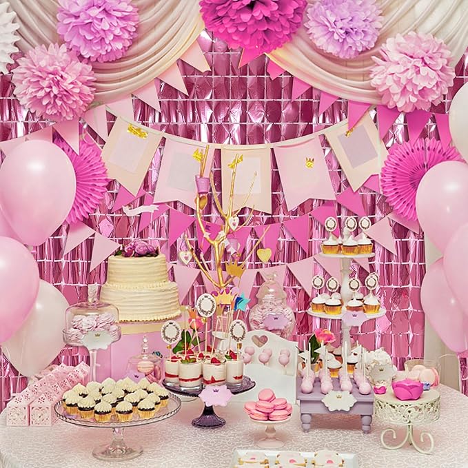 vwl Square Foil Curtain Streamer Tinsel Backdrop Photo Booth Props Background for Graduation Party,New Years,Birthday,Wedding,Halloween,Christmas Decorations (Pink, 2pack)
