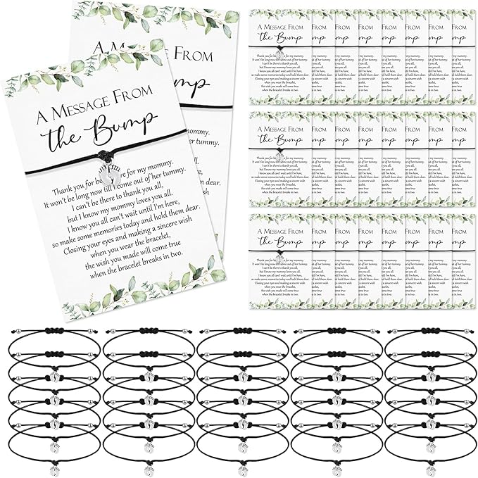 Thyle 25 Set Leaf Baby Shower Favors for Guests Adjustable Bracelets with Message from the Bump Card Footprints Charm Baby Shower Bracelets for Gender Reveal Thank You Gifts