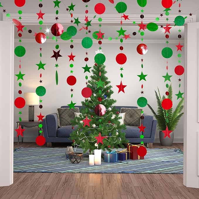 GCQQ 52Ft Christmas Garlands - Red Green Christmas Paper Streamers Garland Glitter Star Circle Dots Wall Hanging Decorations Indoor for New Year, Xmas Tree, Office, Table, Ceiling, Classroom