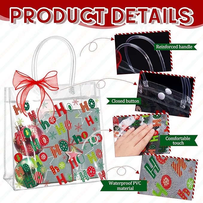 Henoyso 12 Pcs Christmas Clear Gift Bags Plastic Candy Treat Goodie Bags Red Foil Santa PVC Wrap Totes with Handles and Ribbon Xmas Party Favors (Santa and Xmas Tree,7.8 x 7.8 x 3.1 Inch)