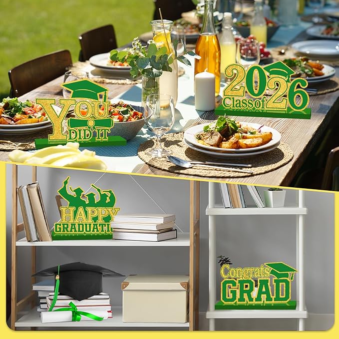 4Pcs Graduation Decorations Class of 2026 Wood Table Centerpieces Congrats Grad Wooden Sign Graduation Table Toppers Congratulate Tiered Tray Decor for 2026 Graduation Party (Green-Gold)