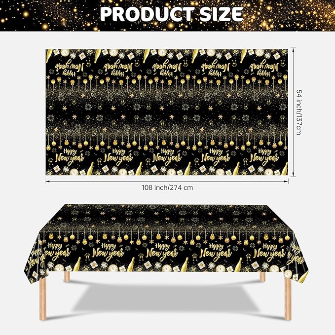 2 Pcs Happy New Years Tablecloth Plastic - Black Gold New Years Eve Party Supplies 2026 Table Cloth, Disposable Large Happy New Year Table Cover for 2026 New Year Party Tables Decorations, 54x108 Inch