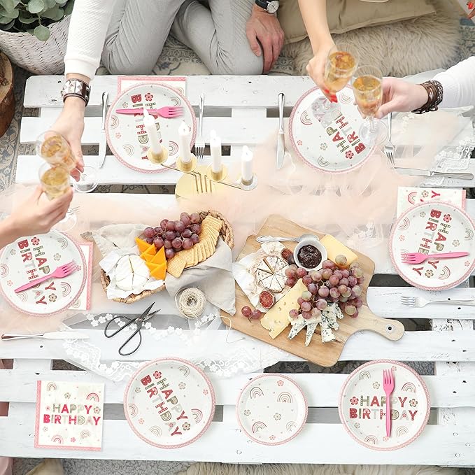 Pink Boho Rainbow Happy Birthday Bohemian Flower Heart Party Plates Supplies - Serves 24-96Pcs Party Tableware Decorations Disposable Paper Plates Napkins Forks for Birthday Baby Shower