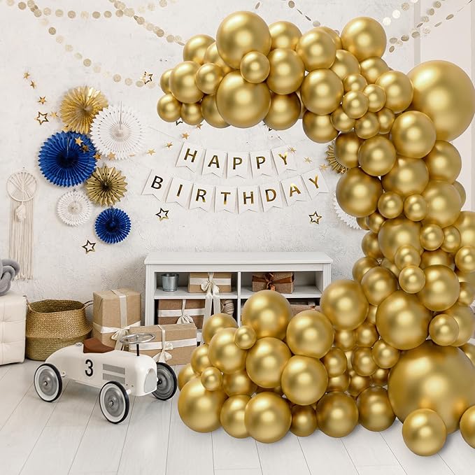 129 Pcs Gold Balloons Garland Arch Kit Different Sizes Metallic Gold Balloons for Birthday, Graduation, Anniversary Party Decoration