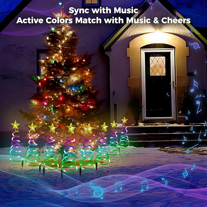 8 Pack Christmas Pathway Lights Outdoor, Spiral Christmas Tree Path Lights, Christmas Yard Decorations Outdoor, Spiral Lighted Christmas Tree for Yard-APP Control Music Schedule Waterproof 1.5FT*8