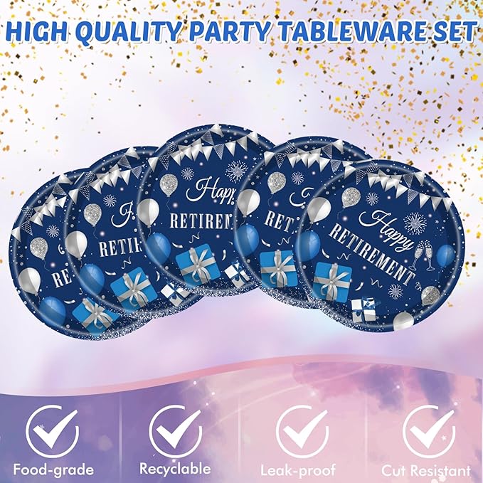 41PCS Retirement Party Decorations Blue Silver Happy Retirement Decorations for Men Women Include Paper Plates Napkins Tablecloth Set for Men Woman Farewell Party Tableware ,Serves 20