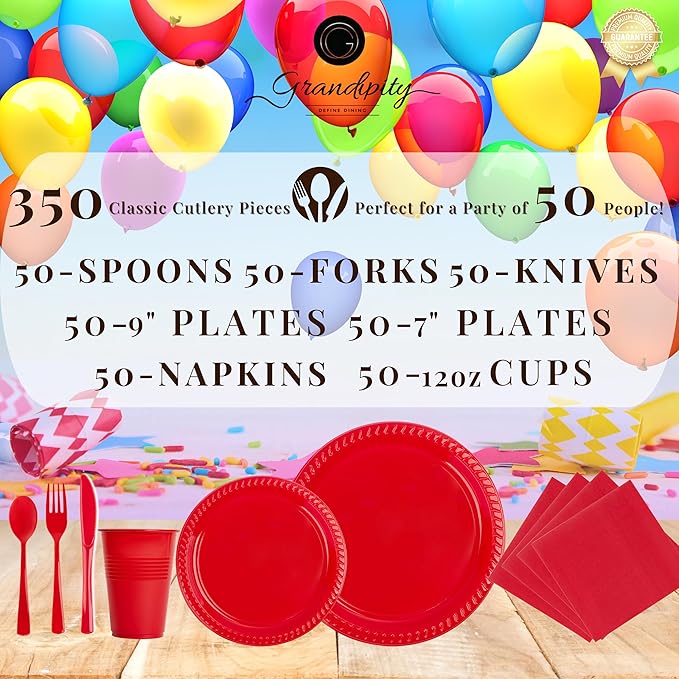 350 Piece RED Disposable Dinnerware Set 50 Guests, Plastic Party Plates And Cups And Napkins Sets - 50 Count 9" Dinner Plates, 7" Dessert Plates, 12oz Cups, Paper Napkins, Forks, Knives & Spoons