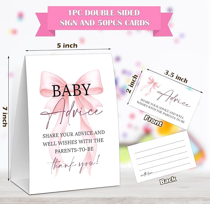 Pink Bow Baby Shower Advice for Parents To Be, Baby Shower Game, Include One 5×7 Sign and 50 Advice Cards, Pink Coquette Bow Gender Reveal Party Decoration Supplies - FH01
