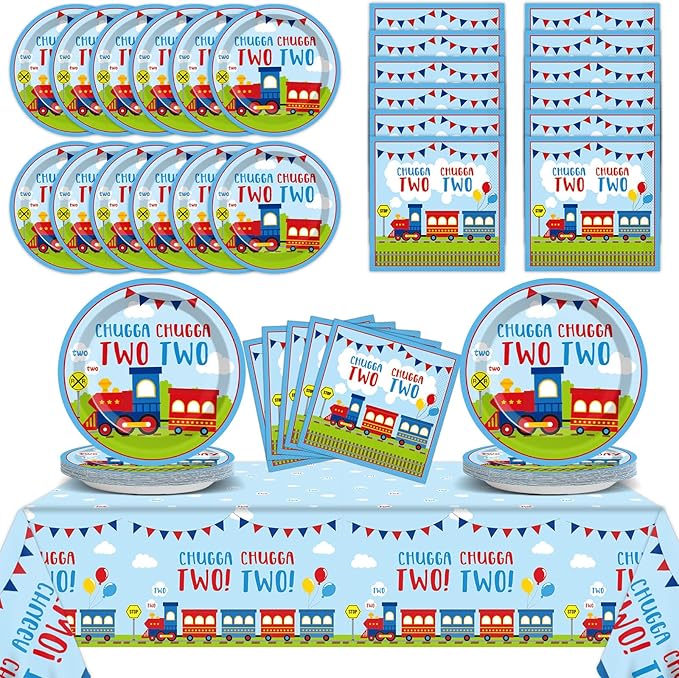 Qyeahkj 24 Guests Chugga Chugga Two Two Birthday Party Paper Plates Napkins Tablecloth Supplies Set Train 2nd Disposable Tableware Dinnerware Decorations Favors for Boys Girls Birthday Party