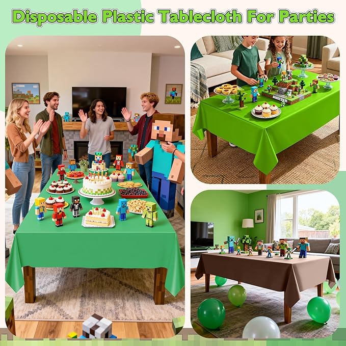 mwellewm 6Pcs Plastic Table Cloth Disposable,Dark Green & Brown Pixel Gaming Tablecloth Rectangle Bulk Table Cover for Birthday Wedding Picnic Video Game Party Supplies Decorations(54x72 Inch)