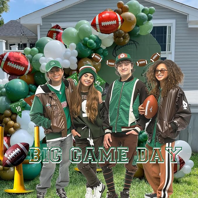 Football Party Decorations Kit 120PCS sage Green brown White Balloon Garland Arch with Football Banner Mylar Balloons for Sports Birthday Boys first year touch down party decorations