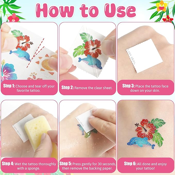 150 PCS Glitter Hawaiian Temporary Tattoos, 6 Pre-Cut Sheets of Hawaiian Party Decorations, Summer Accessories with Hibiscus Crab Designs, Palm Tree Decor for Women Men Flamingo Party Favors