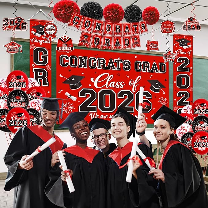 Graduation Decorations 2026 Red Party Decor Set with Congrats Grad Banner, Class of 2026 Backdrop, Balloons, Box & Streamers Supplies for High School & College Celebrations