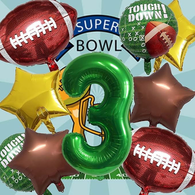 Football Balloons Foil Football Birthday Decorations Balloons Green Number 3 Balloon Gold Brown Star Touchdown Ballons for Rugby Birthday Decorations Sports Ballons Arch Kits Party Balloon Sets 9pcs