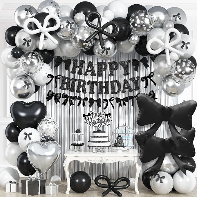 Black Bow Birthday Decorations, Coquette Bow Black and White Silver Balloons with Happy Birthday Banner Fringe Curtain Cake Toppers for Women Girls Baby Shower Party Supplies