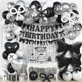 Black Bow Birthday Decorations, Coquette Bow Black and White Silver Balloons with Happy Birthday Banner Fringe Curtain Cake Toppers for Women Girls Baby Shower Party Supplies