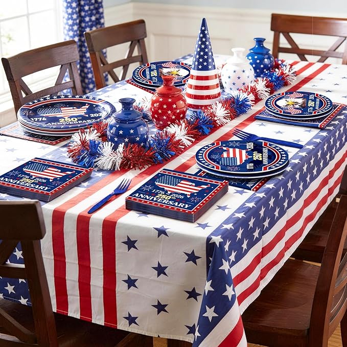100 Pcs 250th Anniversary Party Supplies - Serves 25, Red White Blue Disposable Tableware, Includes Paper Plates, Napkins, Plastic Forks for 1776-2026 Patriotic Decor, Independence Day, 4th of July