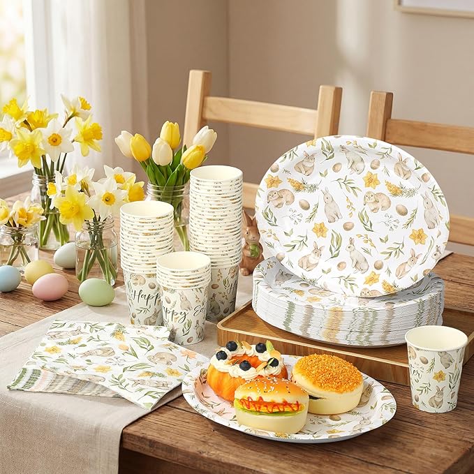 Vesici 150 Pcs Easter Bunny Oval Paper Plates and Napkin Set Bunny Tableware 10'' x 12'' Large Disposable Heavy Duty Rabbit Green Leaves Dessert Plates Cups Napkins for Spring Easter Party Supplies