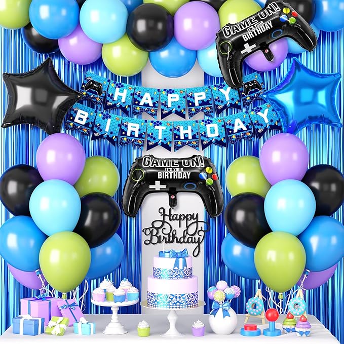 Video Game Birthday Party Decorations for Boys, Black Blue Purple Green Balloons Happy Birthday Banner Cake Topper Game Foil Balloon Blue Fringe Curtain for Kids Boys Men Birthday Party Decor