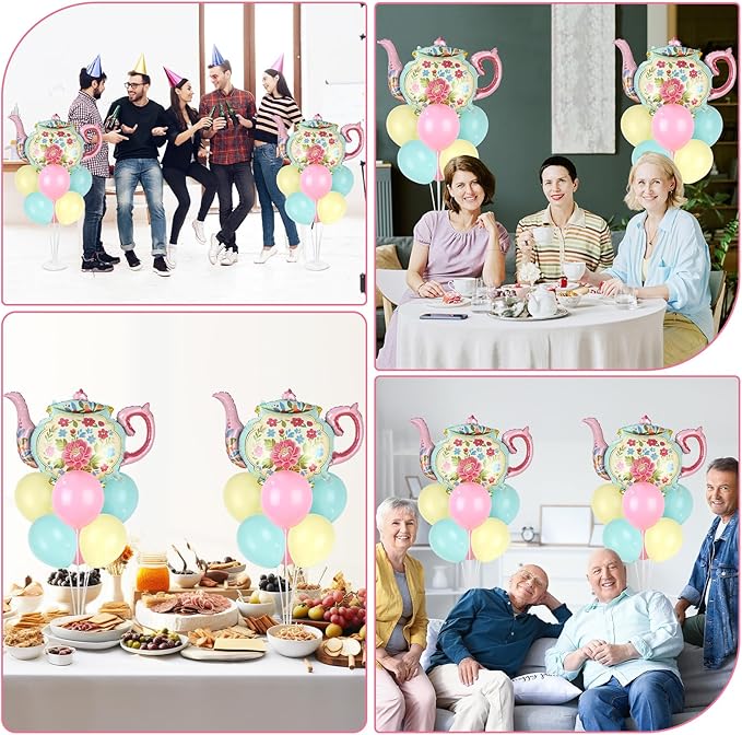 Tea Party Balloons Stand Kit 2 Sets with 2 Huge Teapot Foil Balloons Tea Garden Themed Balloon Centerpiece for Tables for Picnic Birthday Party Supplies Baby Shower Teapots Themed Decorations