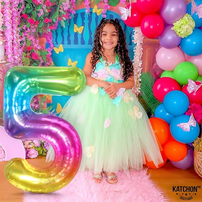 KatchOn, Giant Rainbow 5 Balloon Number - 40 Inch | Number 5 Balloons for Birthdays | 5 Year Old Balloons for Tie Dye Birthday Decorations Girl | 5 Number Balloons for Anniversary Decorations