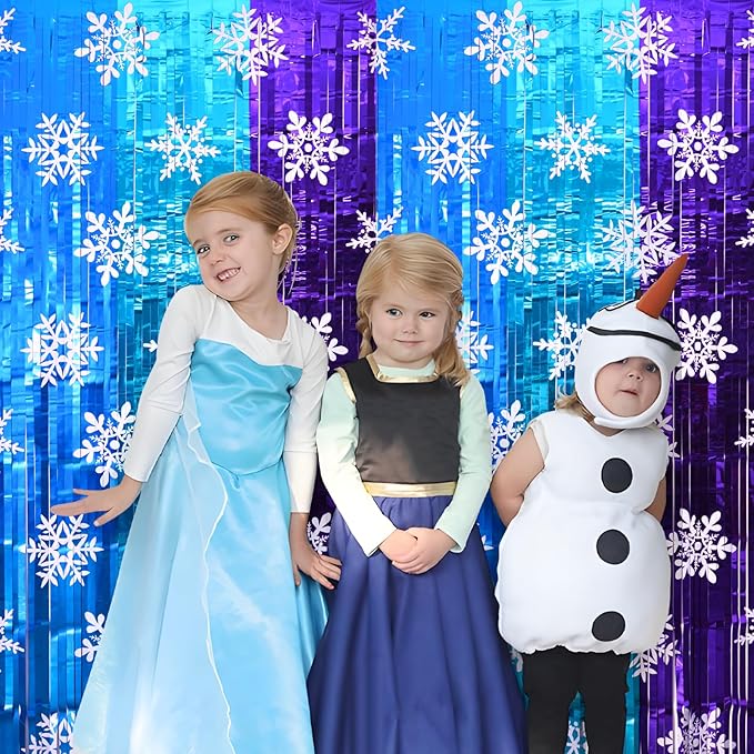 Winter Princess Birthday Party Decorations, 2 Pack Ice Birthday Party Supplies 3.3x6.6ft Tinsel Foil Fringe Curtains, Winter Photo Booth Prop Backdrop Streamer, Snowflake Birthday Party Decor
