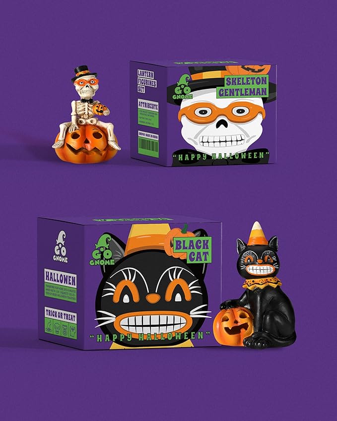 Vintage Halloween Decorations Indoor - 2-Pack 4.7'' Resin Skeleton Gentleman & Black Cat Figurine with Flickering Pumpkin Lights - Halloween Table Decor Ornaments Gifts (Jack-O’-Lantern)