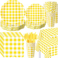 452 Pcs Yellow Gingham Party Supplies for 50, Yellow and White Gingham Checkered Paper Plates Napkins Cups Tablecloth Cutlery Straws for Birthday Family Picnic Barbecue Party Decoration