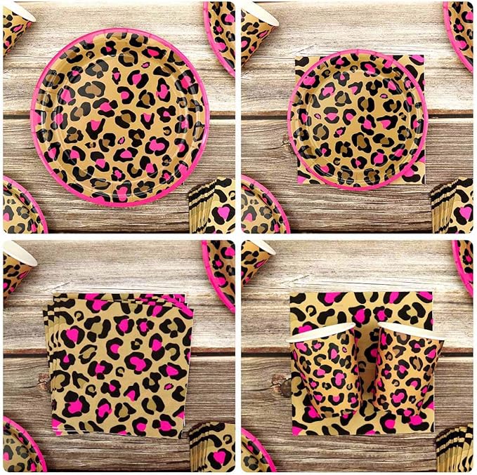 Cheetah Print Birthday Decorations, Pink Cheetah Birthday Decorations Includes Plates, Napkins, Cups, Tablecloth, Tableware for Leopard Party Serves 20 Guests