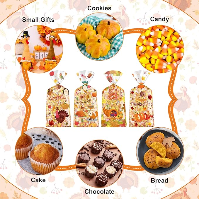 Litmitfu 100 Pcs Happy Thanksgiving Treat Bags - Plastic Fall Thanksgiving Gift Bags, Clear Autumn Goodie Candy Favor Cellophane Bag with Gold Twist Ties for Thanksgivings Party Favors Supplies