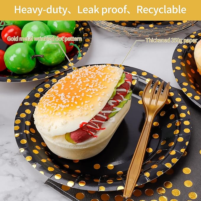 160 Pcs Black and Gold Paper Plates, Forks and Cups Party Supplies, black birthday plates Tableware Supplies for Birthdays, Graduations, Weddings, Holidays Serves 30 (7 inches)