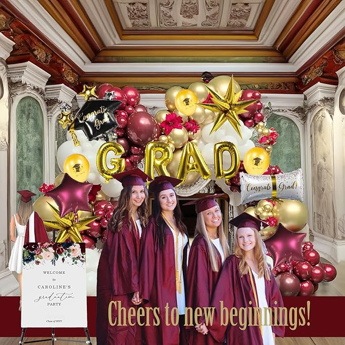Maroon gold white Graduation Balloon Garland Arch Kit 115PCS with Graduation Star print Certificate Letter Mylar Foil Balloons for Graduate Class of 2026 Grad Prom party Decorations Supplies