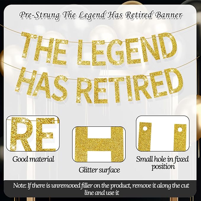 The Legend Has Retired Banner Gold Glitter Pre-Strung No DIY Retirement Banner Decorations for Men Women Retirement Party Supplie(Gold)