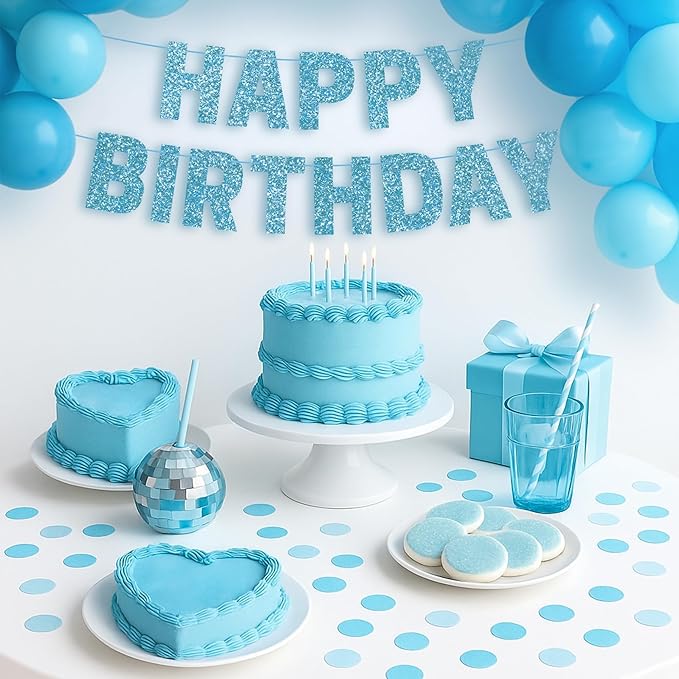Pre-strung Happy Birthday Banner - No DIY - Light Blue Glitter Happy Birthday Party Banner for Boys & Girls - Pre-strung on 8 ft Strands - Blue Bday Party Decorations & Decor. Did We Mention No DIY