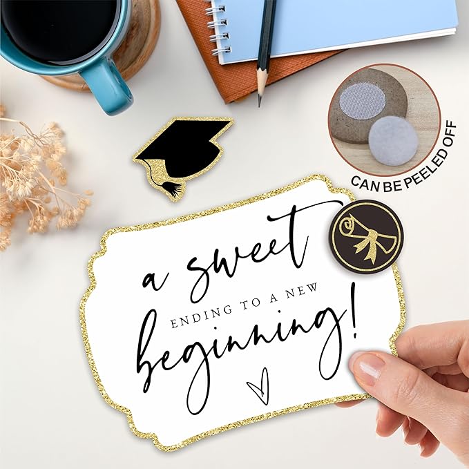 Gold Graduation Wooden Buffet Sign - A Sweet Ending To A New Beginning - 5"X7" Candy Sign With 1 Metal Support，2 DIY Wood Decor With Velcro, Grad Party Decor & Supplies - B03