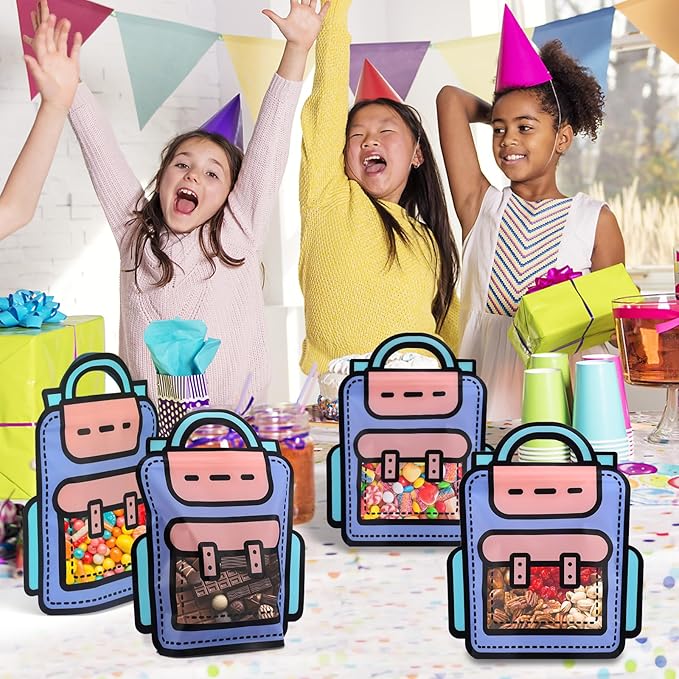 EONSUI 30PCS Plastic Gift Bags with Handles, Cartoon Backpack Bags for Party, Wedding, Birthday, Baby Shower, Bulk Goodie Bags for Candy, Party Favors, Snacks (Purple, Small)