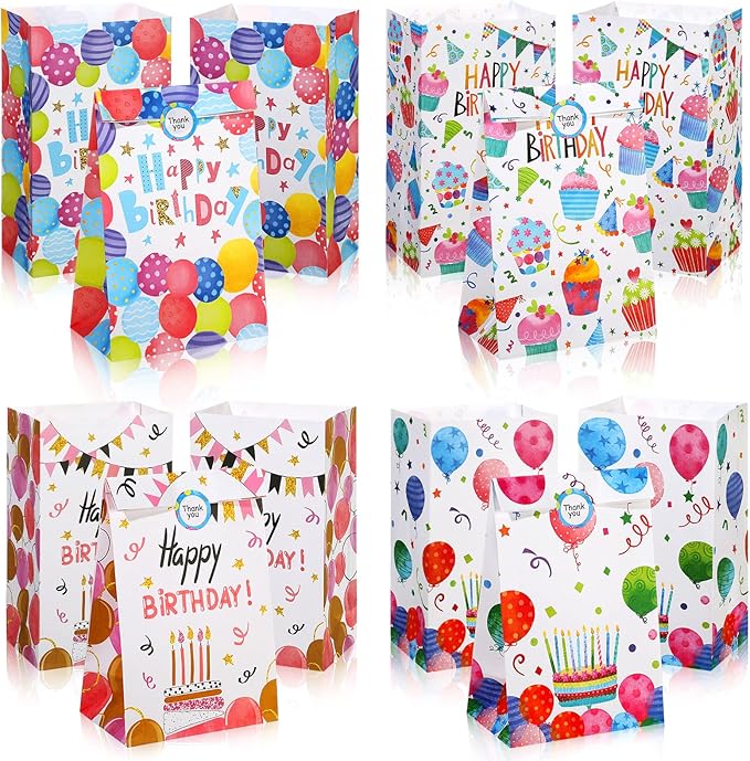 Chrisfall 24 Pieces Birthday Gift Bag Birthday Party Favor Gift Bags Goodie Bags with Seal Stickers Birthday Party Candy Bags Party Supplies