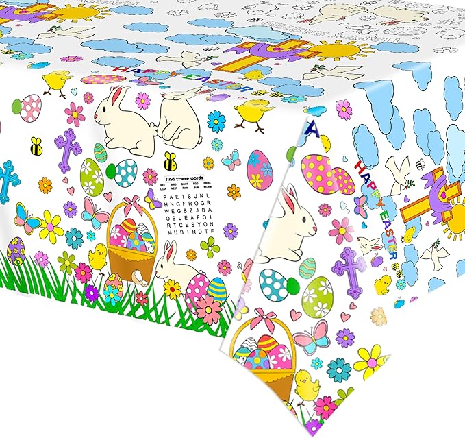 Easter Coloring Tablecloth for Kids,Giant Coloring Poster Table Cover for Home Classroom Coloring Craft Activities Easter Party Decorations Supplies,54x108 Inch