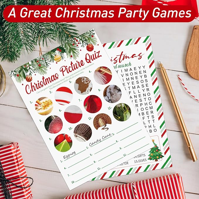COCHIE 30 Players Christmas Party Games for Adults Family Office Large Groups, Xmas Parties Picture Quiz Game, Guesstures Game, Christmas Word Search Games with Answer Key (Xmas Search)